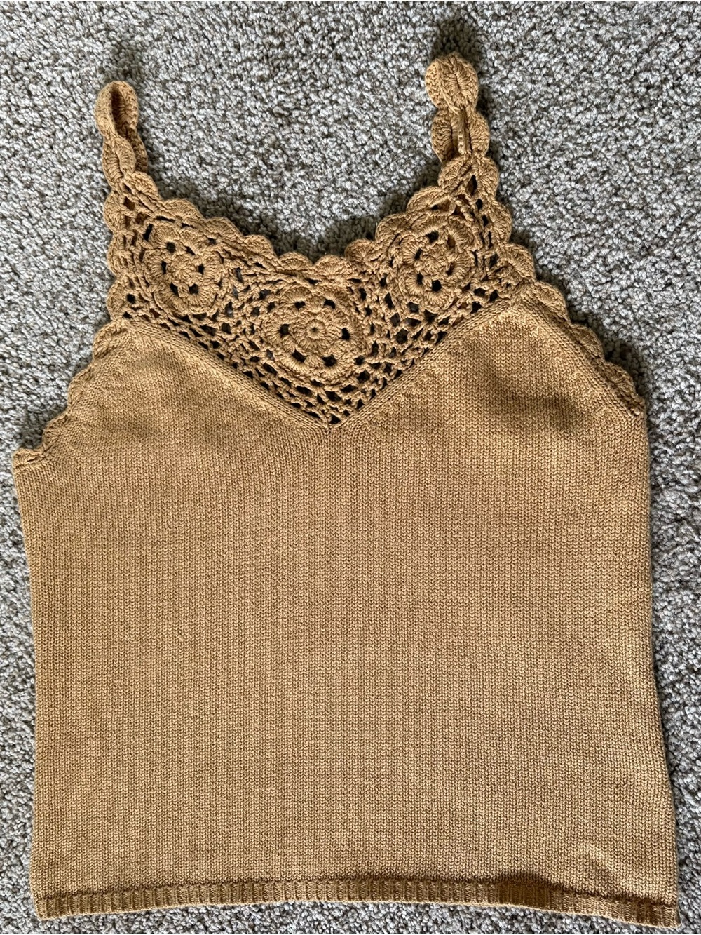 Crochet Trim Knit Cami Tank Top - Camel